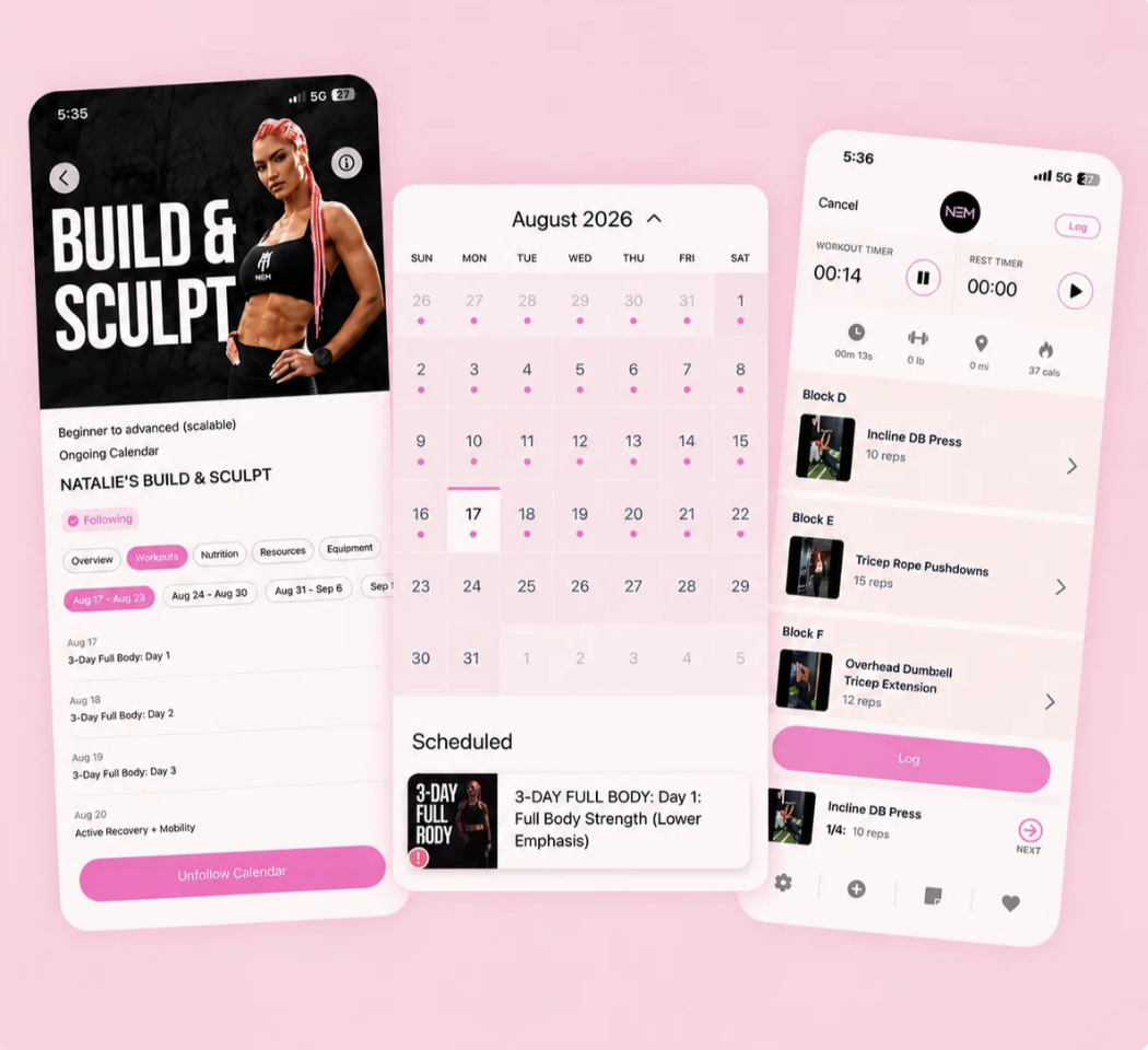 NEMFIT app screens showing the Build & Sculpt program, training calendar, and workout logging with timers